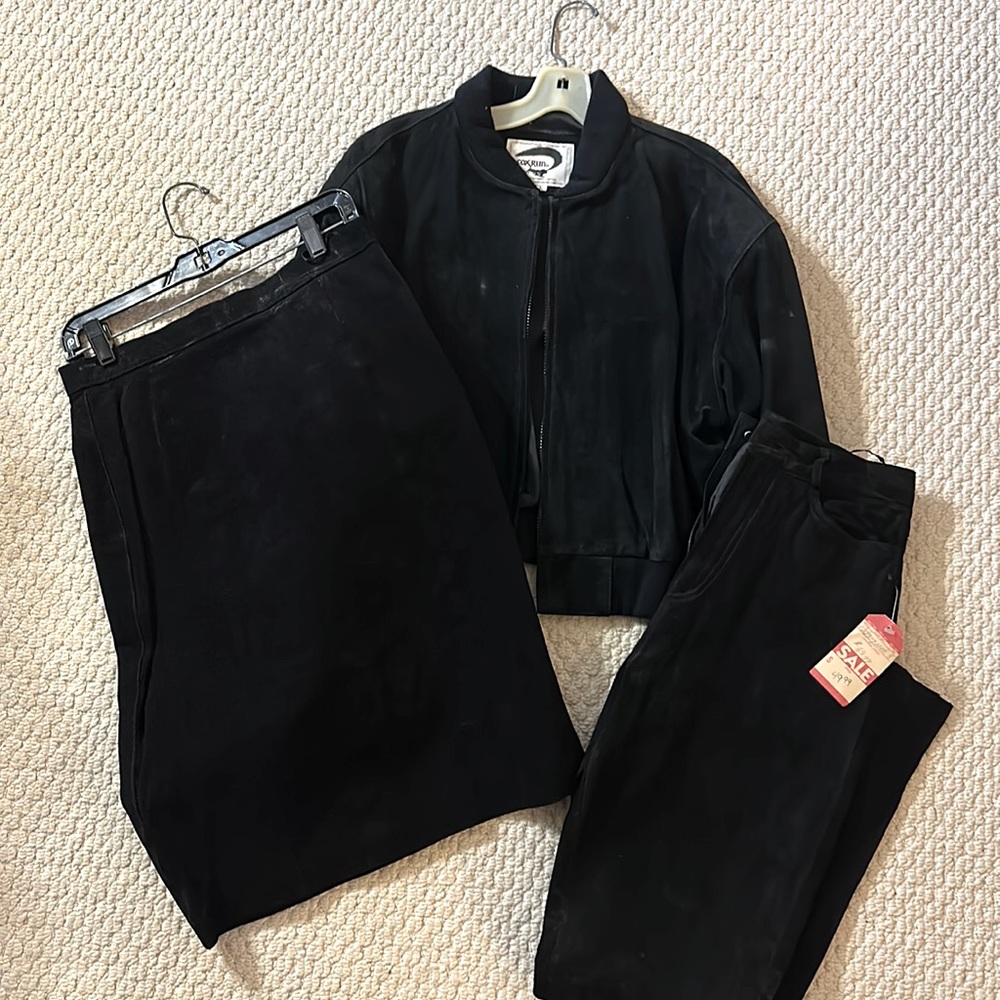 Suede outfit pant, skirt and jacket multiple designers